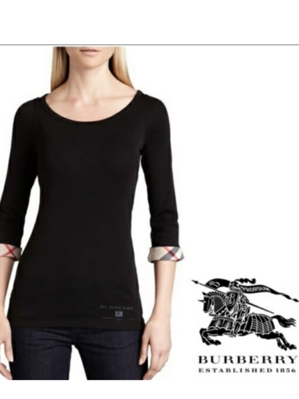 Authentic Burberry Brit Jersey Three Quarter Sleeve Check Cuff Top Medium Luxury